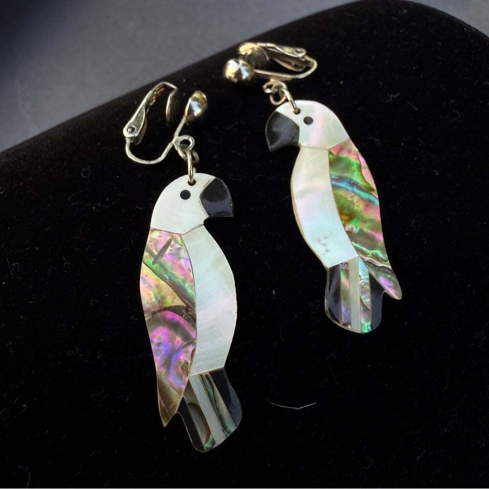 Vintage Parrot Clip On Earrings Made of Mother of Pearl and Abalone Shell